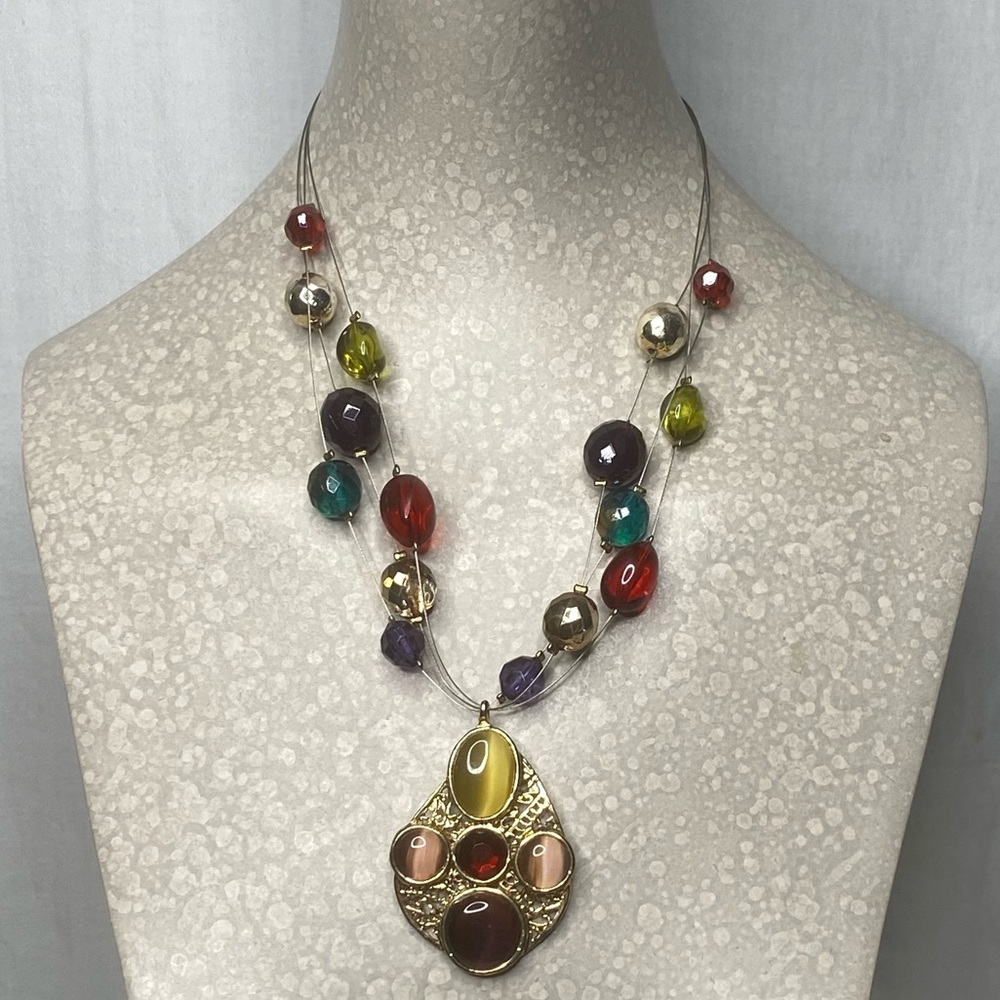 Large Gold Toned Necklace with Stone Pendant